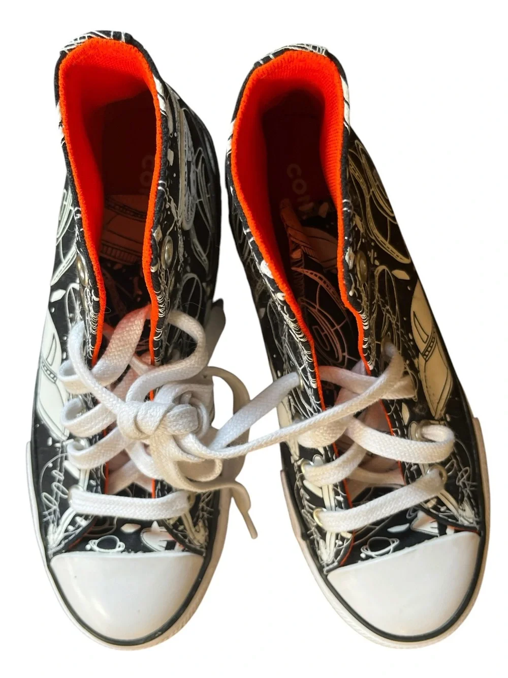 US 2 Converse Kids Black & White UFO Space Graphic High-Tops With Orange Lining